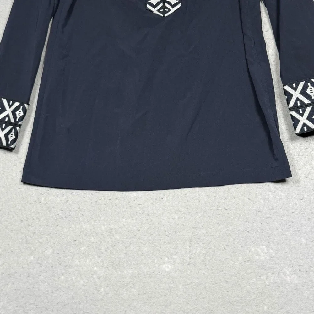 Tory Burch Tunic Top Women’s 6 Navy Blue Ariana Embroidered Knit Trim V Neck - Picture 3 of 13